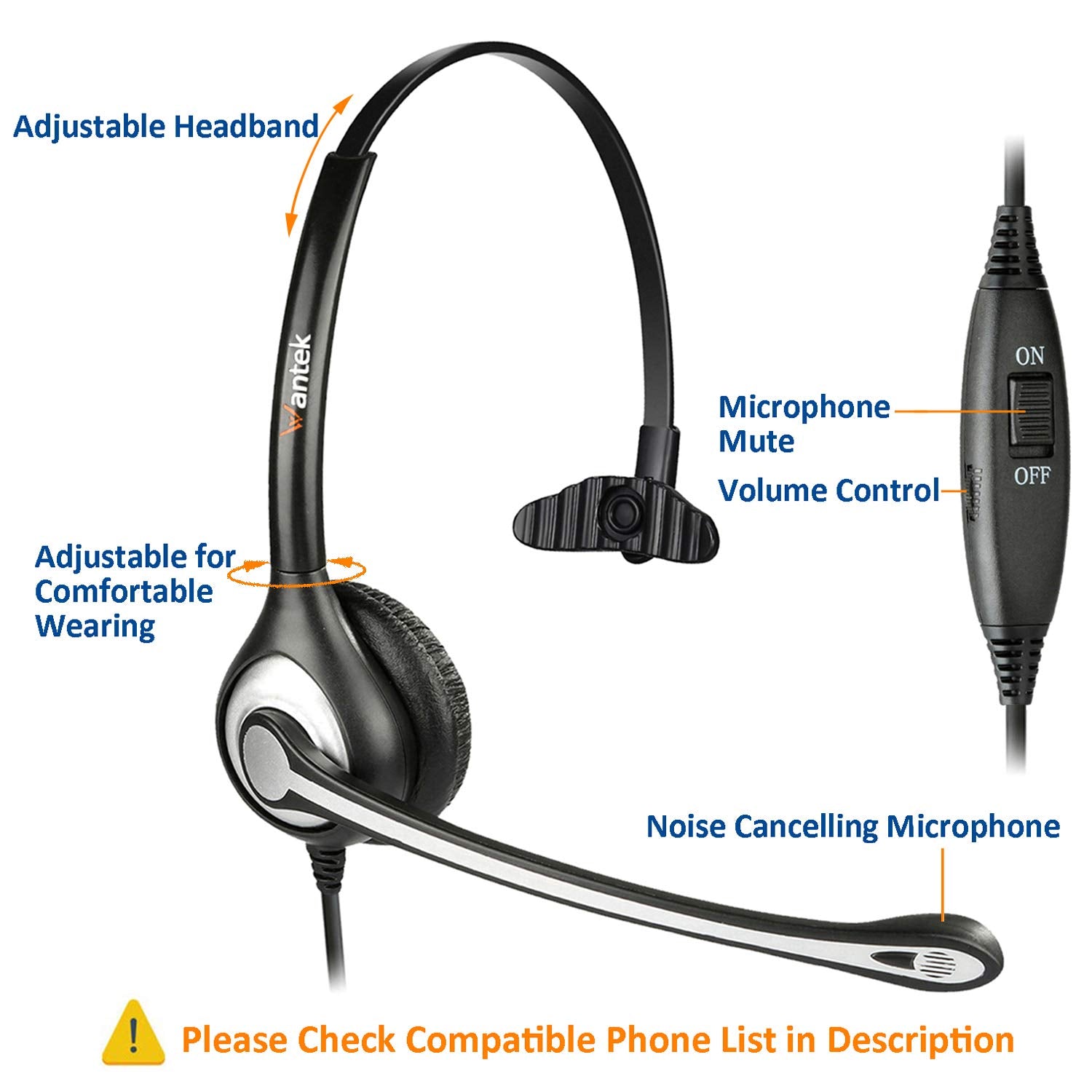 Wantek 2.5Mm Telephone Headset Monaural With Noise Canceling Mic+Quick Disconnect Compatible With Cisco Linksys Spa Polycom Gran